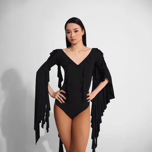 Women's Black Ruffled V-Neck Long Sleeve Mermaid Ballroom Latin Dance Dress