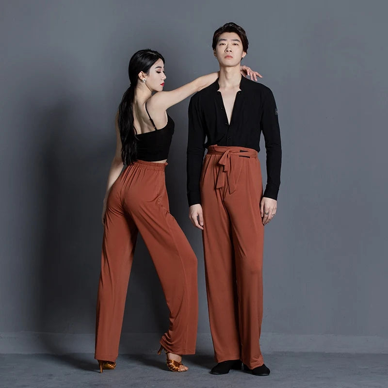 Dance Pants Women's Black High-Waisted Wide Leg Tie-Waist Ballroom Latin Dance Trousers