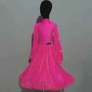 Children's Ballroom Dance Dress, Hot Pink, Royal Blue, Red, Yellow, Light Pink, Brown, Long Sleeve Mesh Skirt, Standard Latin Tango Waltz.