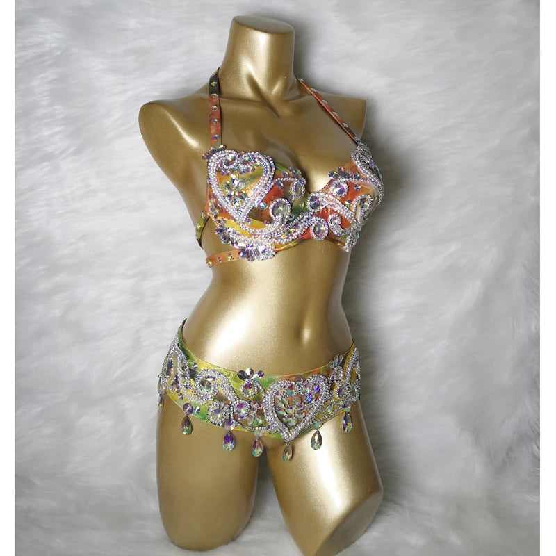 Women's Gold Ombre Sequin Rhinestone Halter Bra & Belt Set, Belly Dance