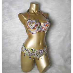 Women's Gold Ombre Sequin Rhinestone Halter Bra & Belt Set, Belly Dance