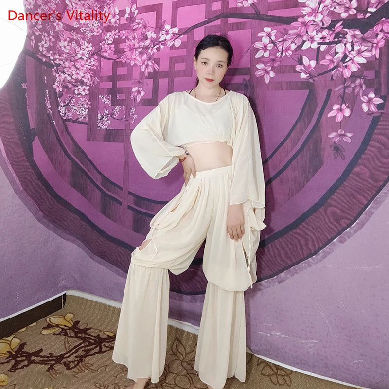 Women's Belly Dance Training Outfit With Long-Sleeve Top And Chiffon Lantern Pants