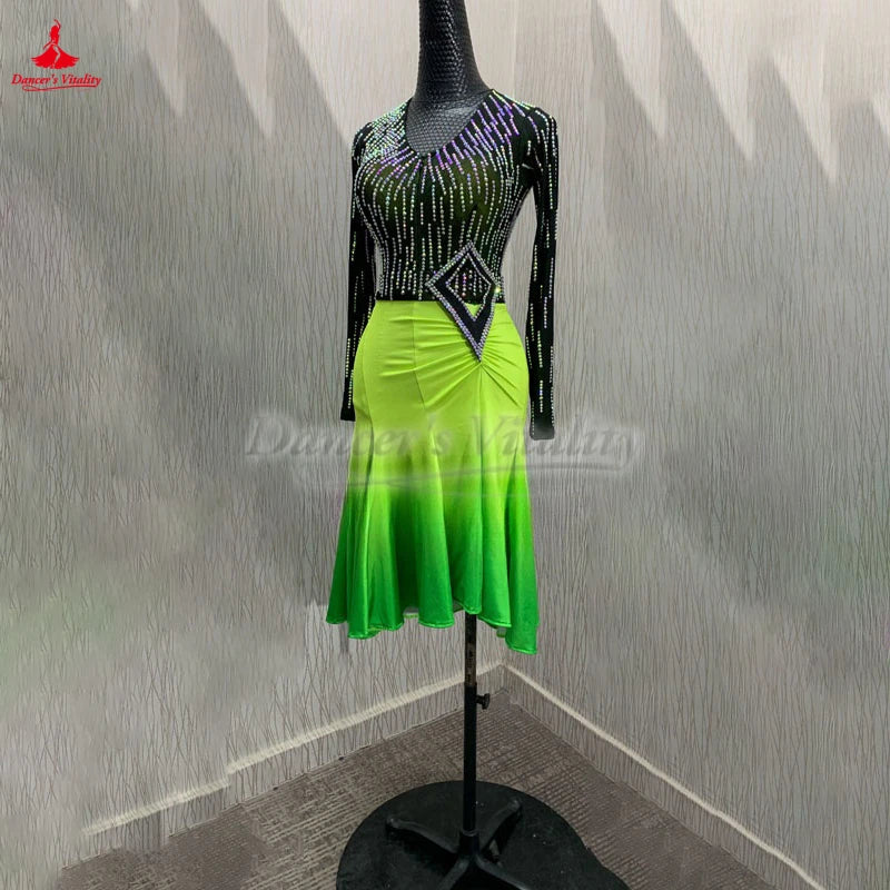 Women's Lime Green Ombre Rhinestone Mesh Latin Dance Dress