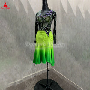 Women's Lime Green Ombre Rhinestone Mesh Latin Dance Dress