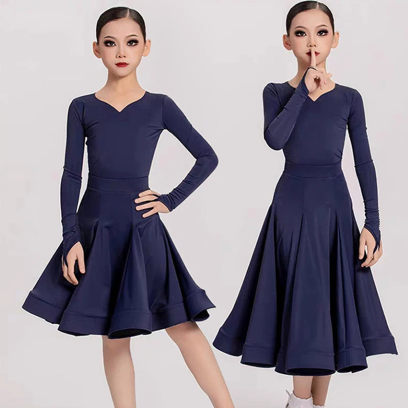 Girls' Navy Blue Long Sleeve V-Neck Ballroom Latin Dance Dress with Finger Loops