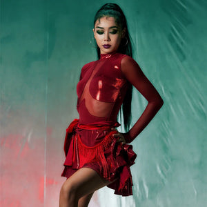 Women's Green, Black, White, Red Shiny Fringe Latin Dance Dress with Mesh Panels