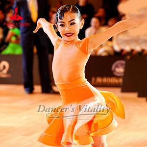 Girls' Orange Short Sleeve Mock Neck Latin Dance Dress with Pleated Skirt