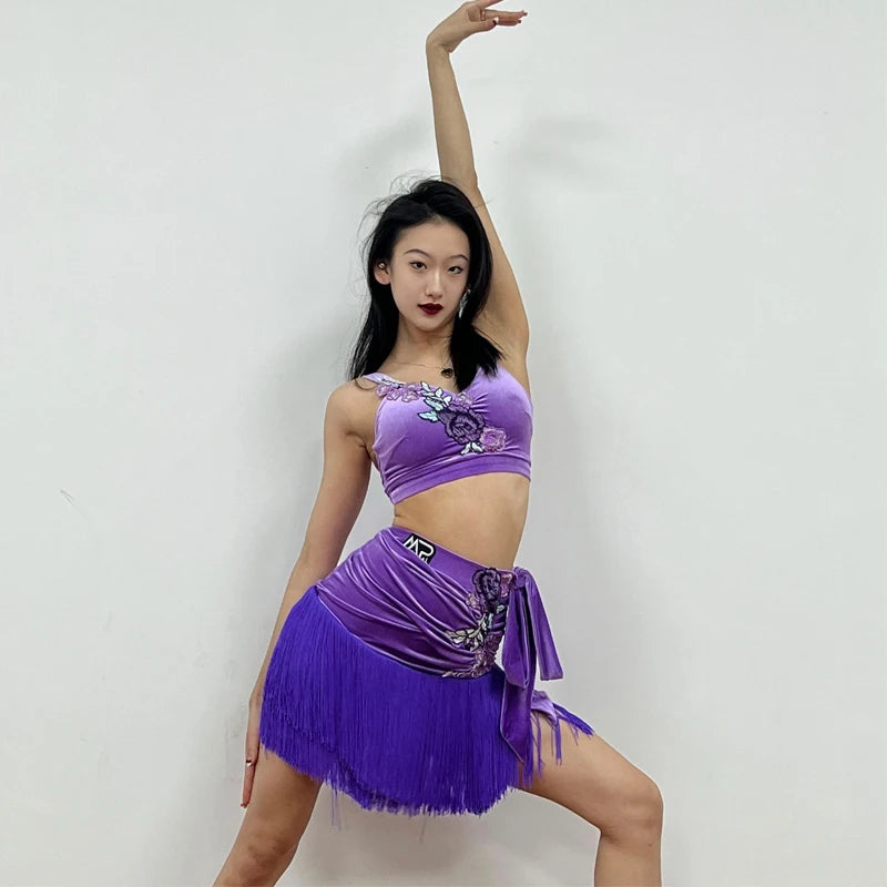 Women's Purple Velvet Embroidered Fringe Latin Dance Skirt Set