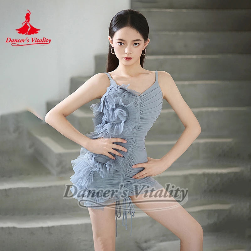 Dance Dress Women's Light Blue Ruched Ruffled Mesh Mini Dress, Dance Dress Women's Black Ruched Mesh Mini Dress, Latin Salsa Rumba Dancewear