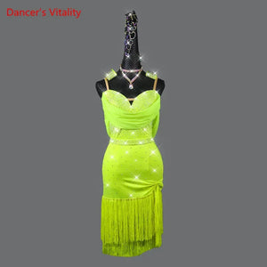 Women's Fluorescent Green Rhinestone Fringe Latin Dance Dress