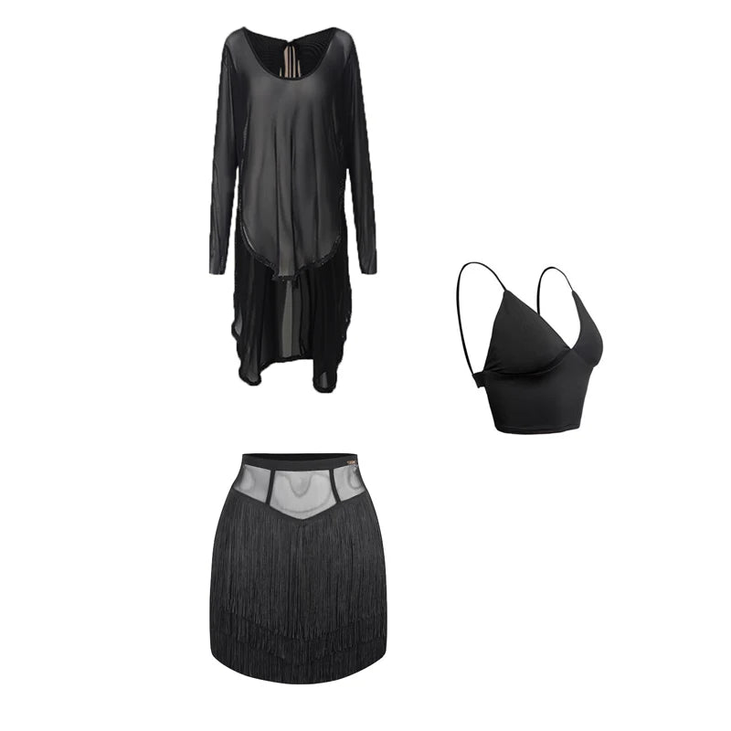 Women's Black Mesh Long Sleeve Latin Dance Dress with Fringe Skirt