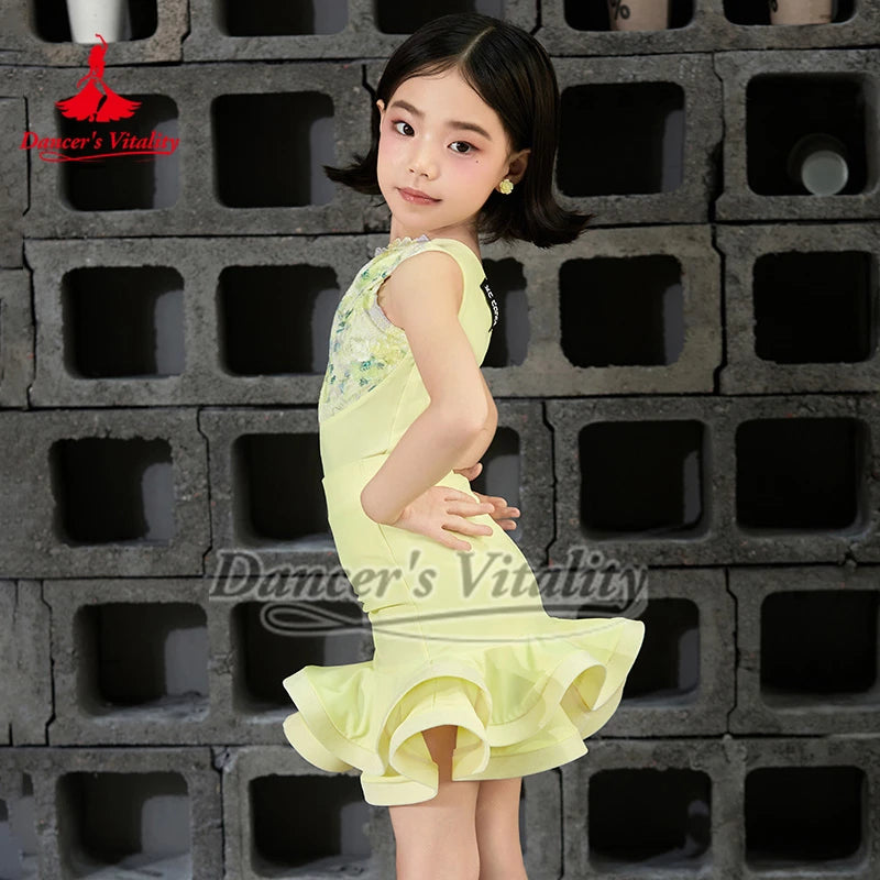 Girls Yellow Halter Neck Floral Lace Cutout Ruffled Latin Dance Dress