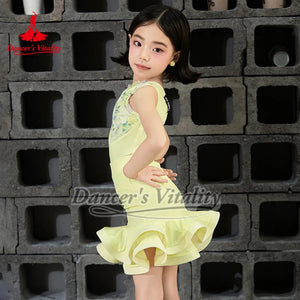 Girls Yellow Halter Neck Floral Lace Cutout Ruffled Latin Dance Dress