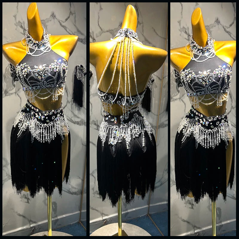 Adult Women's Black Crystal Beaded Fringe Latin Dance Dress Set with Halter Neck Top and Skirt