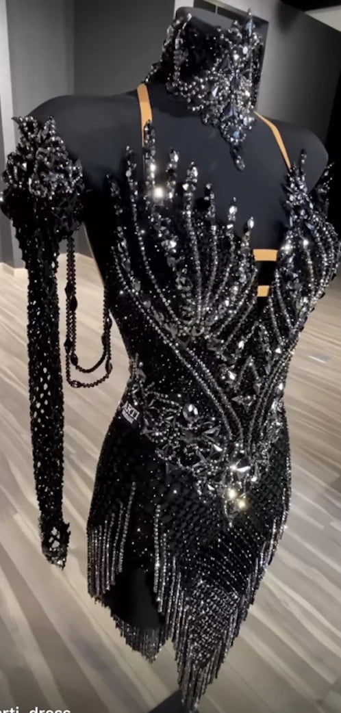 Latin Dance Dress Women's Black Sequined Beaded Fringe Sleeved Rhinestone Performance Gown