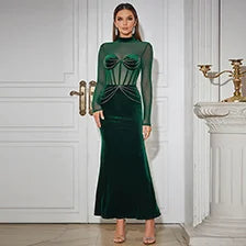 Green Velvet Long Dress with Mesh Sleeves and Diamond Chain Detail