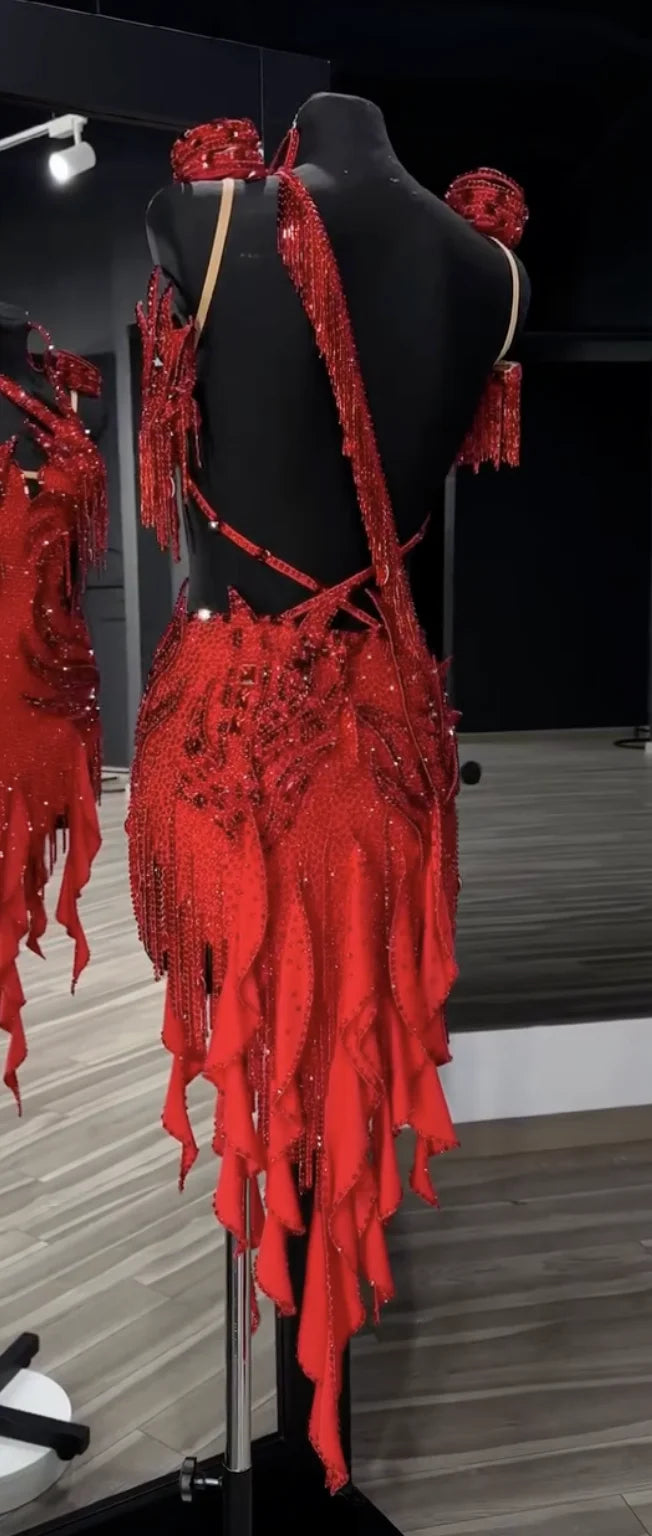 Women's Red Rhinestone Fringe Latin Rhythm Ballroom Dance Dress with Ruffled Skirt