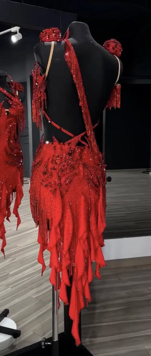 Women's Red Rhinestone Fringe Latin Rhythm Ballroom Dance Dress with Ruffled Skirt