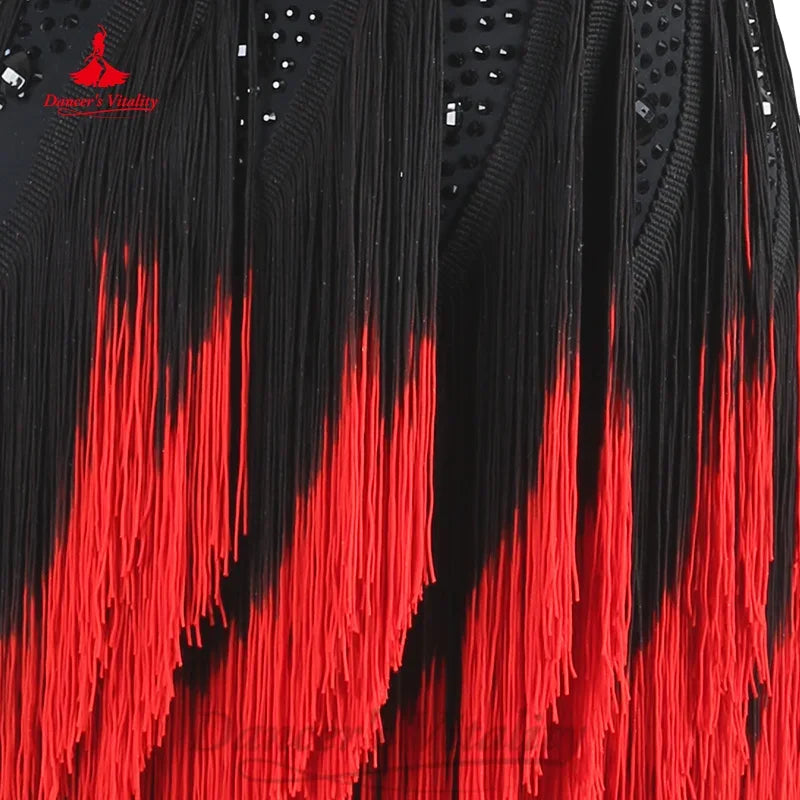Women's Black & Red Sequin Fringe Latin Dance Dress