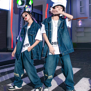 Kids' Unisex Blue Denim Hip Hop Dance Outfit with Vest, White T-Shirt, and Loose-Fit Pants