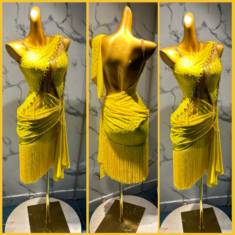 Women's Yellow Sequin Fringe Asymmetrical Latin Dance Dress