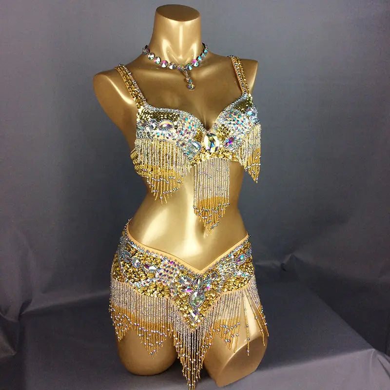 Women's Black & Silver Beaded Sequin Fringe Belly Dance Costume Set