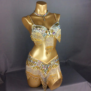 Women's Black & Silver Beaded Sequin Fringe Belly Dance Costume Set