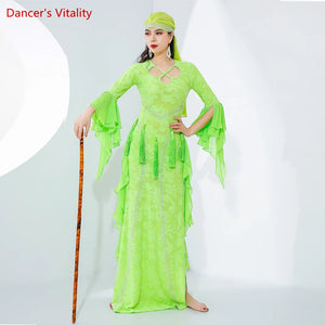 Women's Lime Green Chiffon & Lace Long Sleeve Tassel Belly Dance Dress with Headband