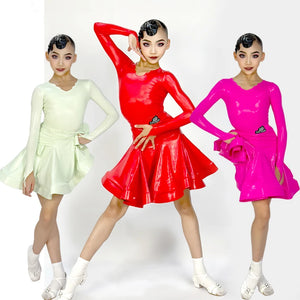 Girls' Latin Dance Dress, Patent Leather, Long Sleeve, V-Neck, Ballroom & Latin Dance
