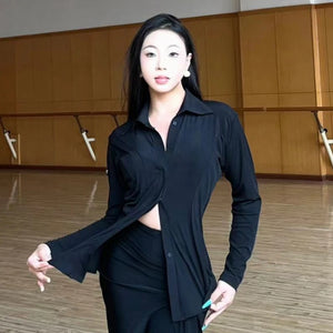 Women's Black Long Sleeve Collared Button-Up Dance Shirt with Slit Skirt - Latin Ballroom Performance Outfit