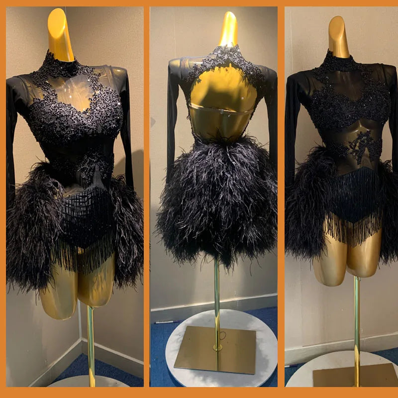 Women's Black Sequin Beaded Feathered Open Back Ballroom Latin Dance Dress