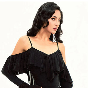 Women's Black Ruffled Cold Shoulder Mesh Ballroom Dance Dress