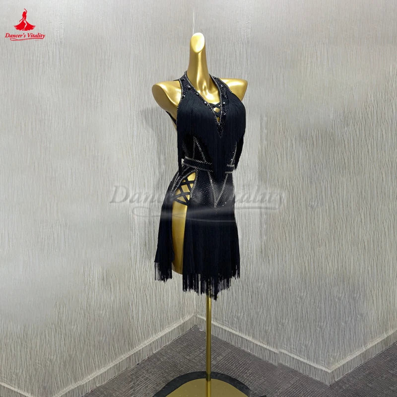 Latin Dance Dress Women's Black Fringe Halterneck Open Back Rhinestone Sequin Performance Costume