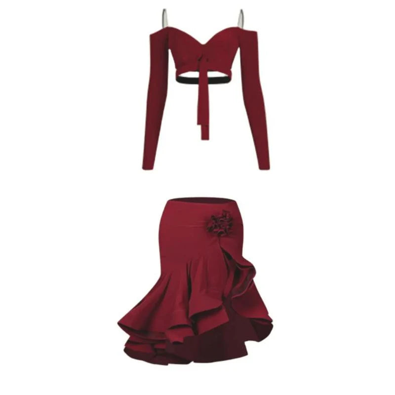 Women's Burgundy & Black Off-Shoulder Crop Top & Ruffled Skirt Latin Dance Costume Set