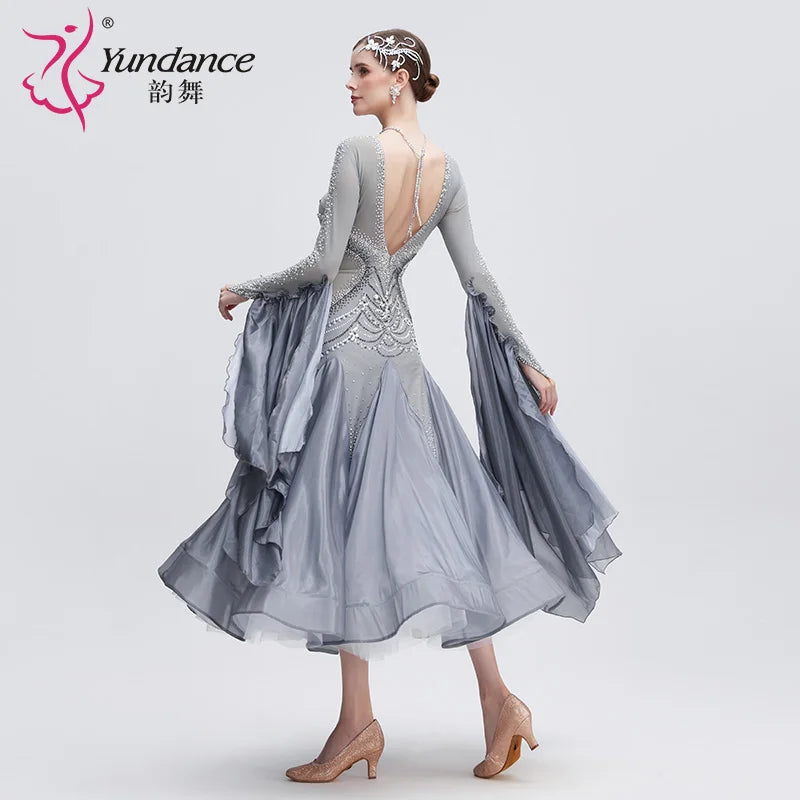 Women's Standard Ballroom Dance Dress In Gray Chiffon For Competition