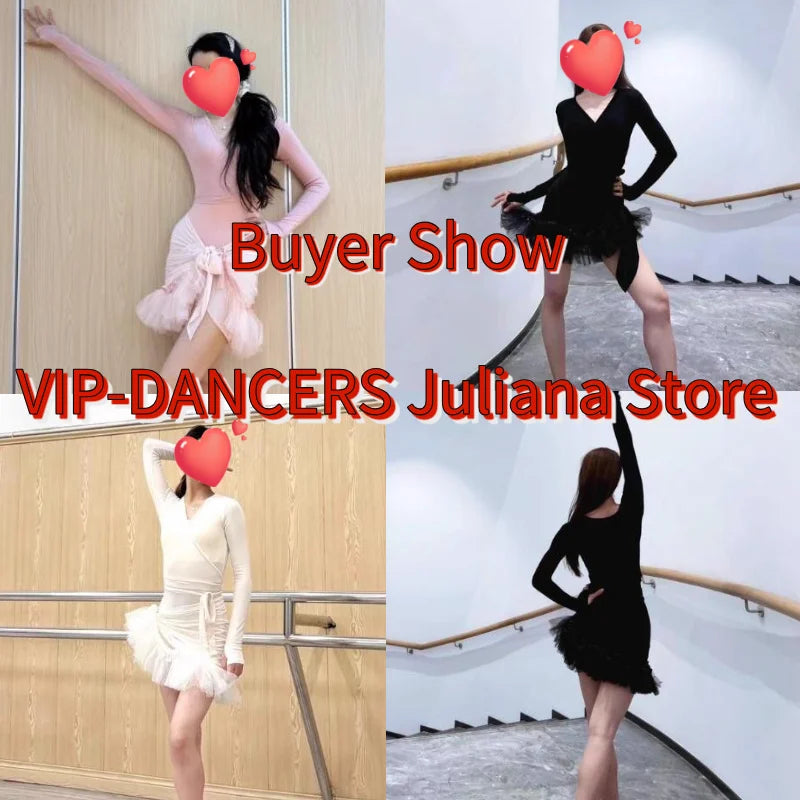 Women's Black, Pink, Ivory Long Sleeve V-Neck Wrap Bodysuit with Ruffled Tulle & Satin Tie Skirt for Latin Ballroom Dance