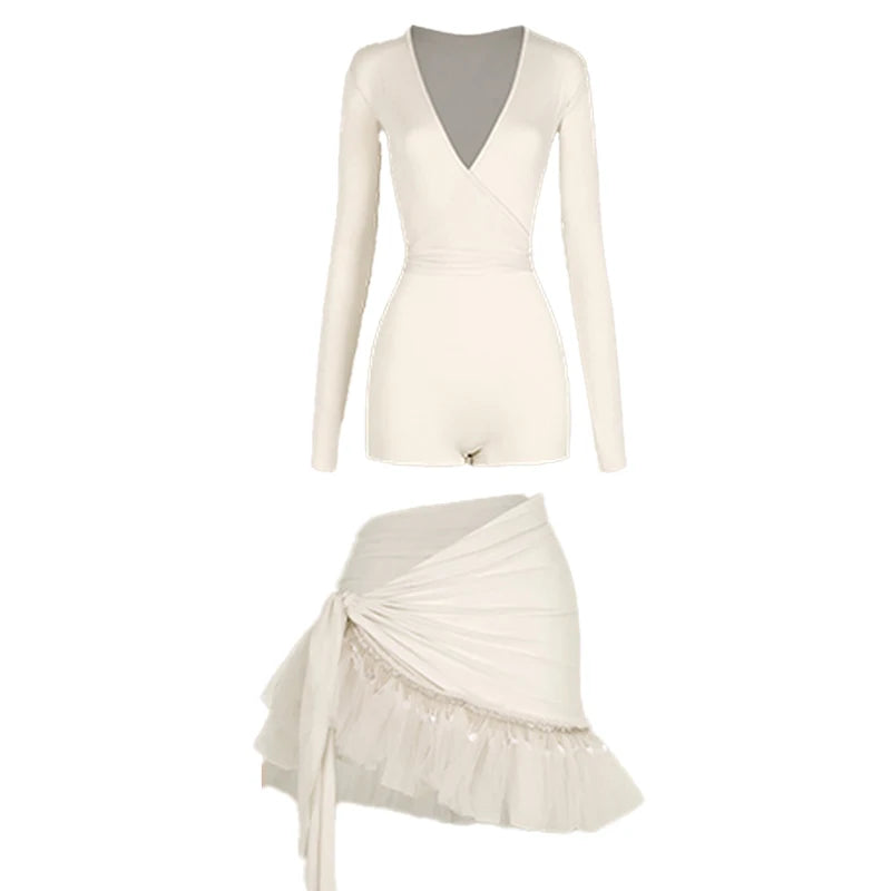 Women's Pink V-Neck Long Sleeve Bodysuit with Ruffled Sequin Wrap Skirt Latin Dance Dress