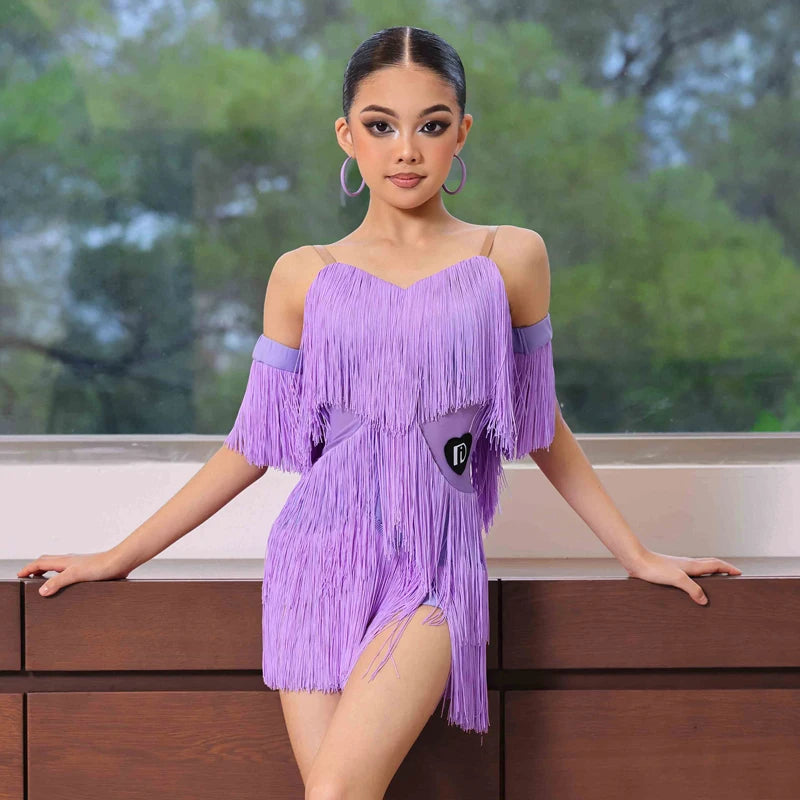Girls' Lavender Fringe Latin Dance Dress with Armbands, Off-Shoulder Sweetheart Neckline, and Side Slit