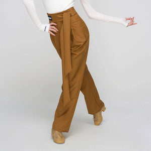 Women's Off-Shoulder Long Sleeve Dance Top, White, Black, or Tan, with High-Waisted Wide Leg Trousers, Brown, Grey, or Black, for Latin Ballroom Dance