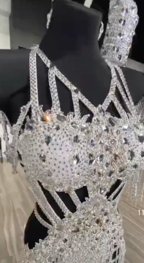 Women's Silver Sequin & Fringe Latin Dance Dress with Cut-Out Details