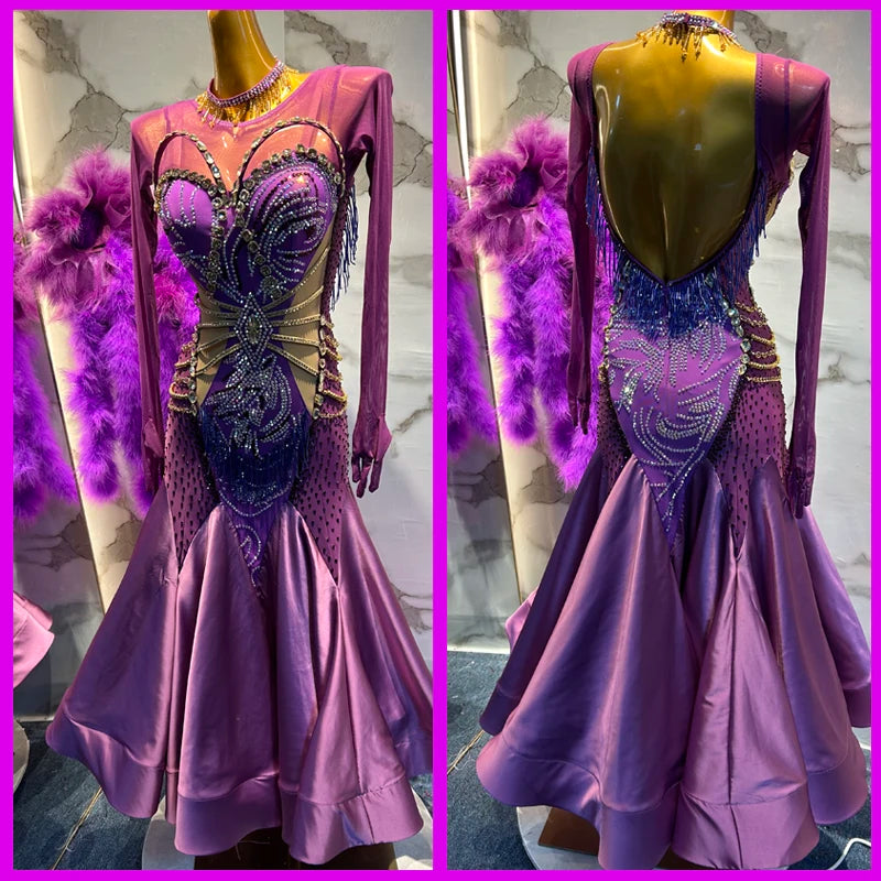 Women's Purple Beaded Backless Mesh Long Sleeve Ballroom Dance Dress with Feather Boa