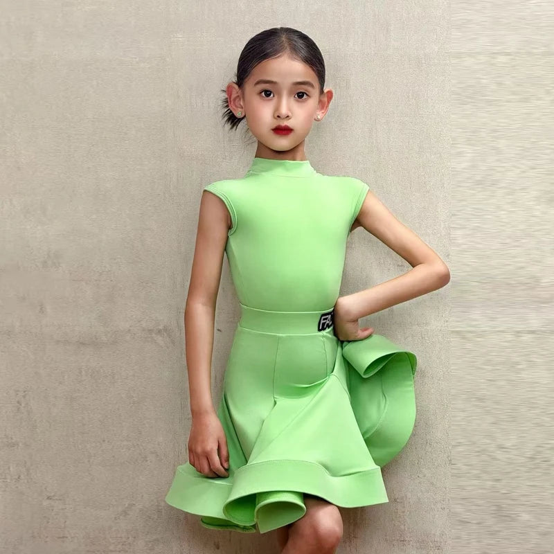 Girls Latin Dance Dress Red, Green, Black, Blue Sleeveless with Ruffled Skirt