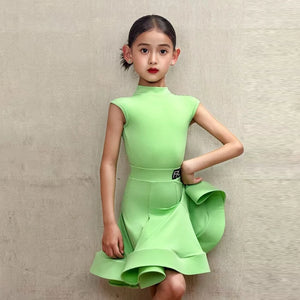 Girls Latin Dance Dress Red, Green, Black, Blue Sleeveless with Ruffled Skirt