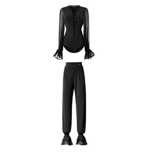 Women's Black and Brown Sheer Sleeve Ruffled Jumpsuit with Velvet Buttons for Latin Dance