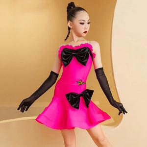 Girls Lyrical Latin Dance Dress, Hot Pink with Black Bows, Ruffled Neckline, Long Mesh Gloves