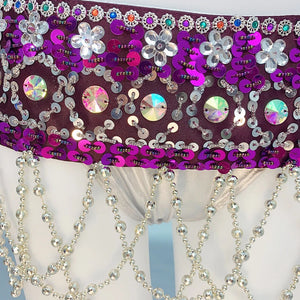 Belly Dance Costume Women's Gold Sequin Beaded Halter Bra and Hip Scarf Set with Chain Fringe