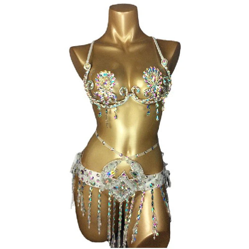 Belly Dance Bra and Belt Set, Women's Red Sequin Rhinestone Beaded Halter Top and Hip Scarf, Cabaret Dancewear