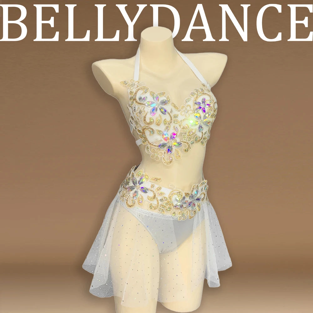 Belly Dance Women's White and Gold Sequin and Rhinestone Halter Top and Skirt Set with Sheer Overlay, Bellydance Performance Costume