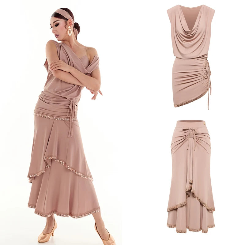 Women's Nude Pink Ruched Draped Tiered Skirt Latin Dance Dress