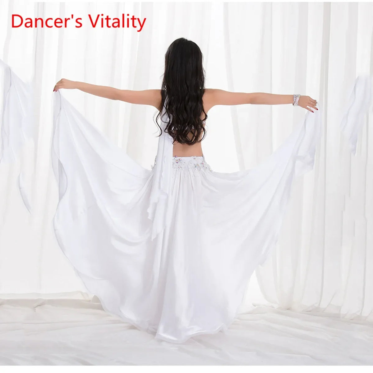 Belly Dance Costume Women's White Sequin Halter Top & High Slit Skirt Set Chiffon Tribal Fusion Dancewear